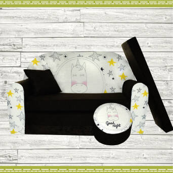 Sofa enfant Good Night, 2 places convertibles, transformable au lit, couleur noir au motif de licorne